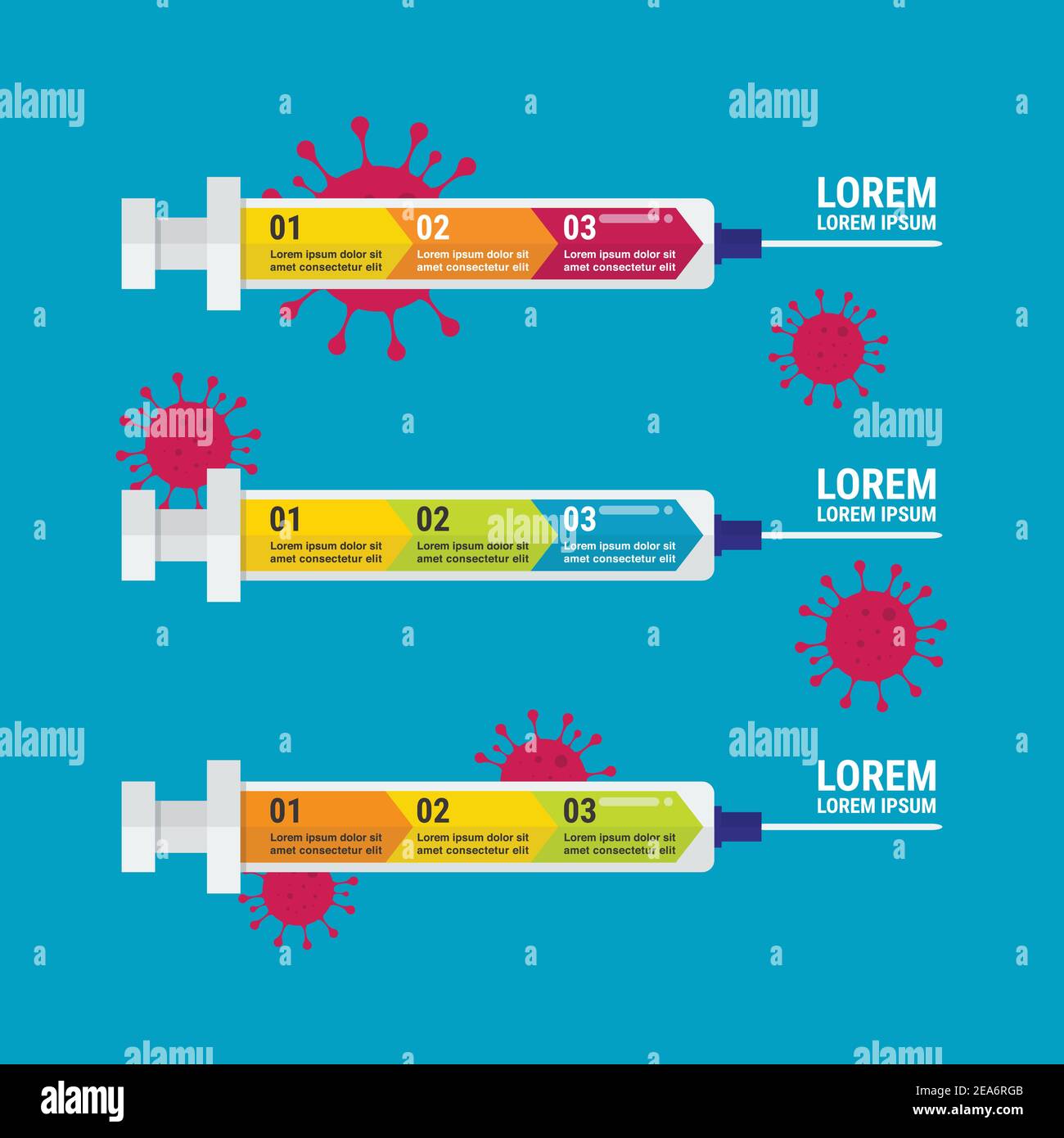 Concetto di coronavirus infografico con siringa. Illustrazione vettoriale Illustrazione Vettoriale