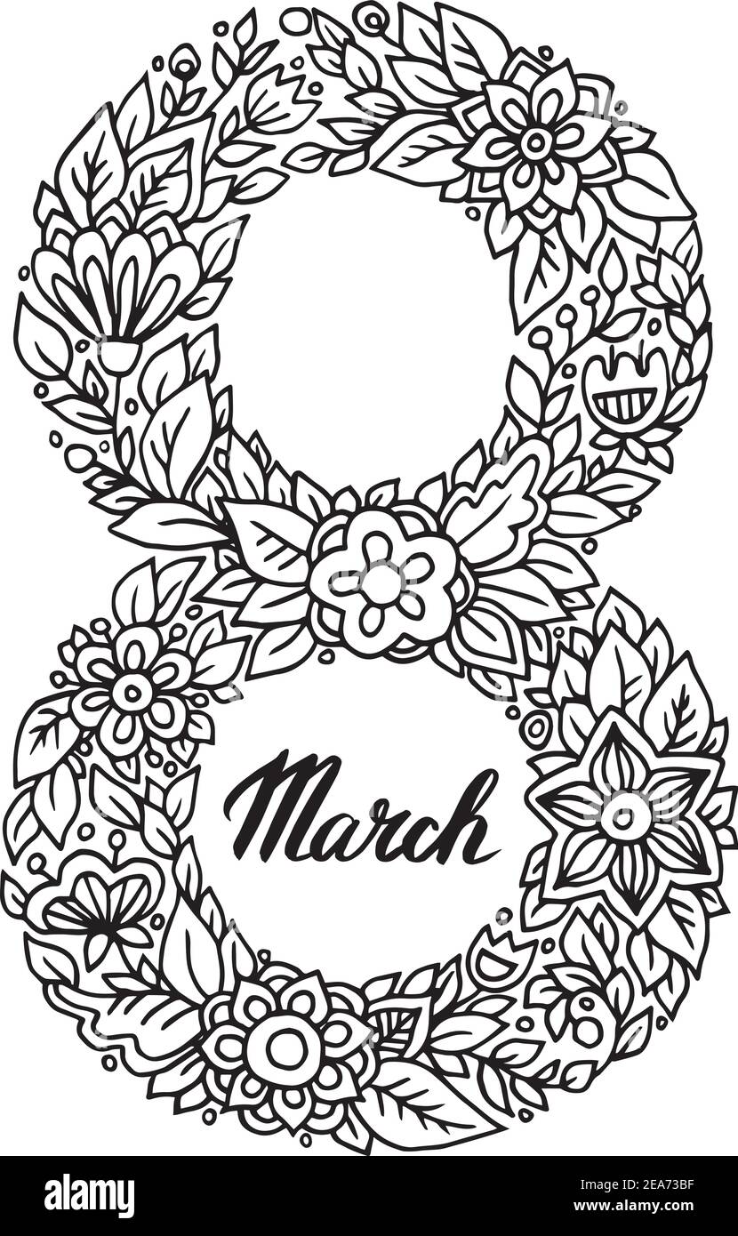 Vector 8 Marzo Floral e lettere biglietto d'auguri modello. Biglietto d'auguri per la Giornata Internazionale delle Donne. Immagine del numero otto con fiori Illustrazione Vettoriale
