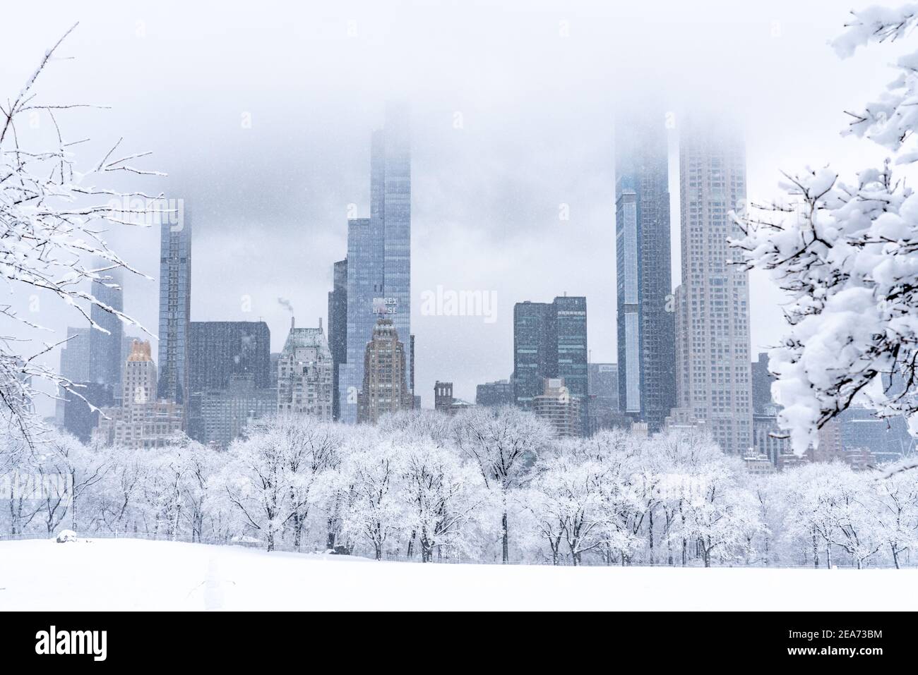 Empty Central Park durante una bella tempesta di neve con vista sulla città. Foto Stock