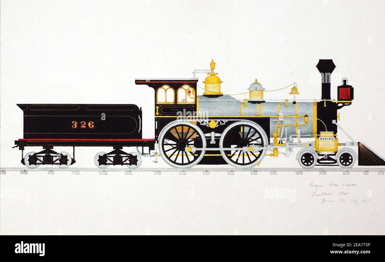 Illustrazione di una locomotiva colorata del XIX secolo sulle rotaie su sfondo bianco Foto Stock