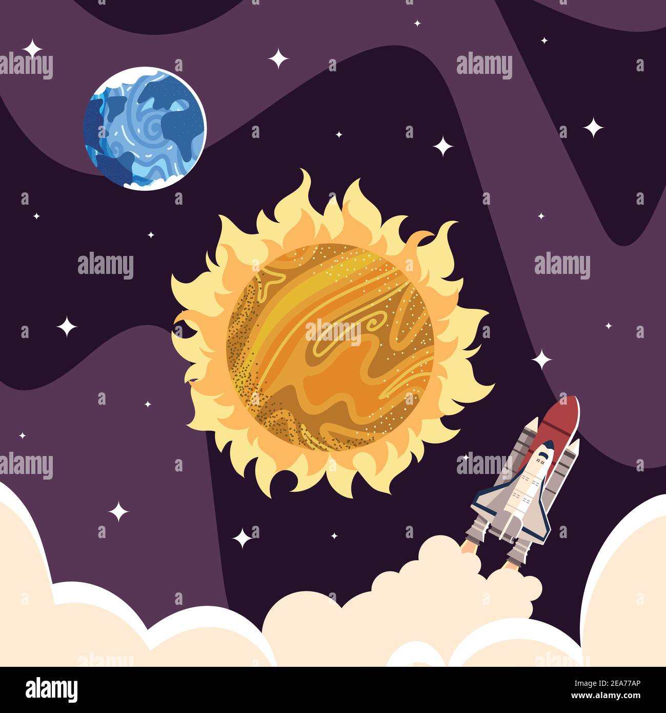 spazio terra pianeta sole e navetta universo galassia vettore di esplorazione illustrazione Illustrazione Vettoriale