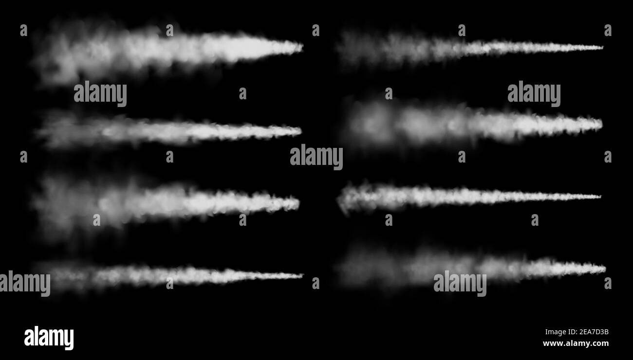 Percorsi realistici di condensazione in aereo. Lancio del razzo spaziale. Missile o bullet trail. Piste per aerei a reazione. Nuvole di fumo bianche, nebbia. Flusso di vapore. Vettore Illustrazione Vettoriale