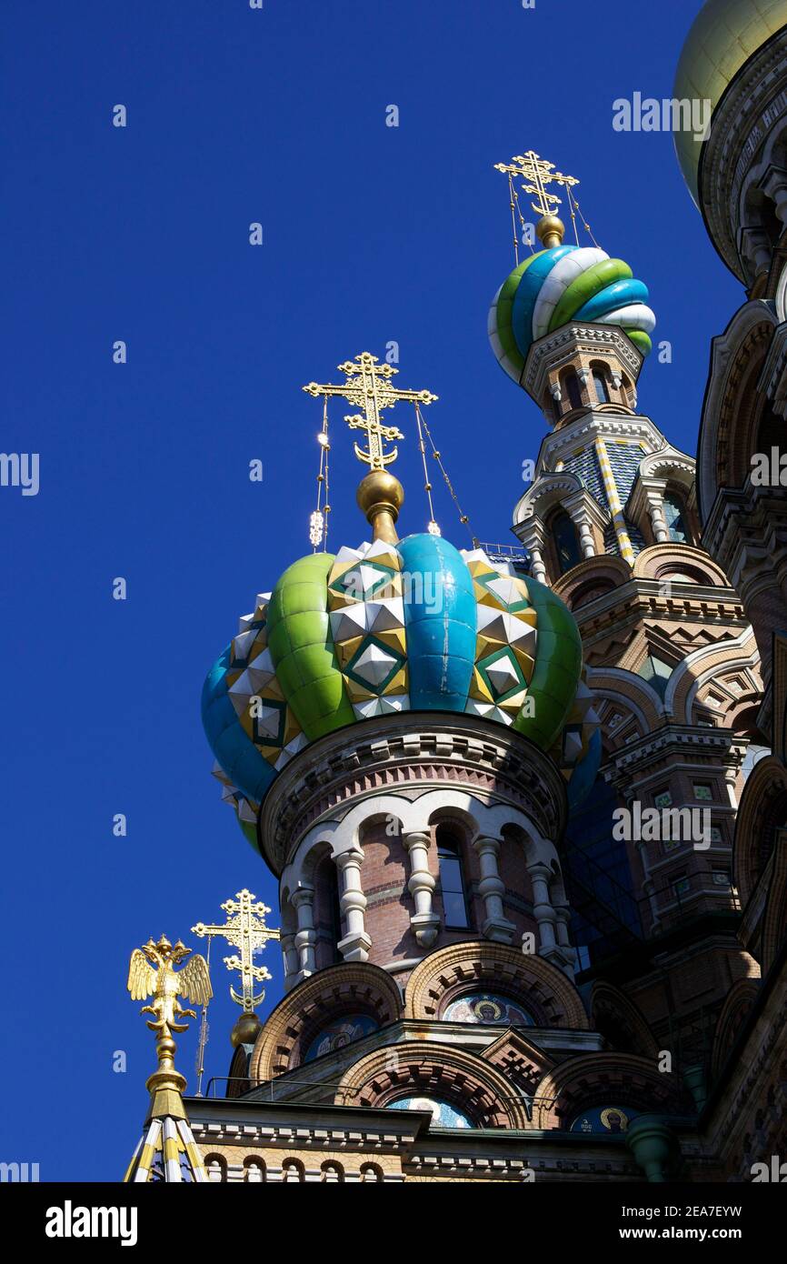 Cupole e croci di cipolla, la Chiesa della Risurrezione di Cristo, il Salvatore sul sangue versato, patrimonio dell'umanità dell'UNESCO, San Pietroburgo, Russi Foto Stock