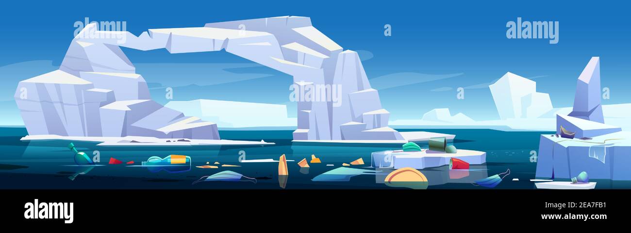 Paesaggio artico con iceberg di fusione e rifiuti di plastica galleggianti in mare. Concetto di allarme globale, cambiamento climatico e inquinamento degli oceani. Cartoni animati vettoriali di ghiacciai e rifiuti in acqua Illustrazione Vettoriale