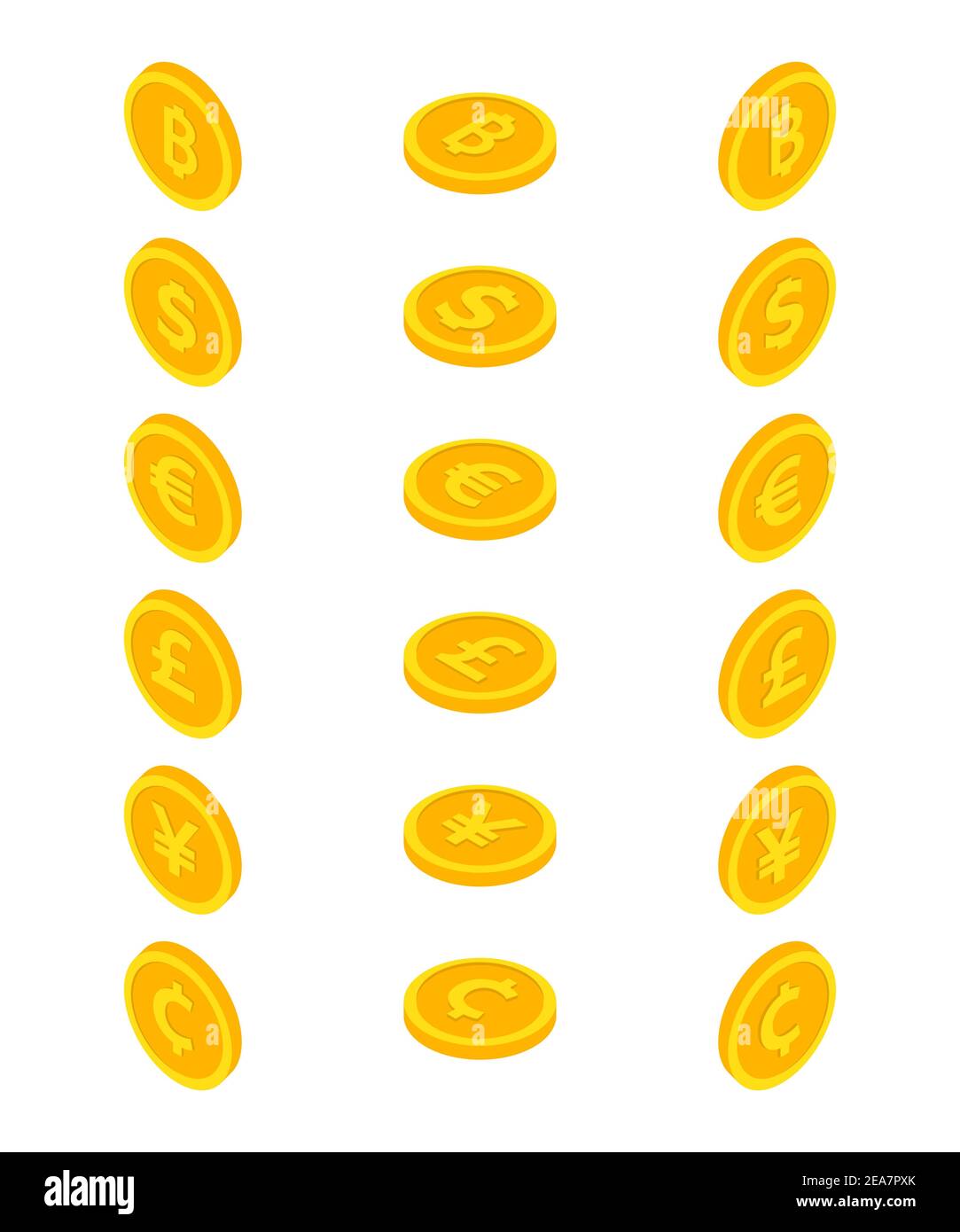 Set di icone a moneta. Moneta dollaro, euro, yuan, bitcoin, centesimo e centavo, sterlina. Simboli di valuta in stile 3d isometrico. Illustrazione vettoriale. Illustrazione Vettoriale