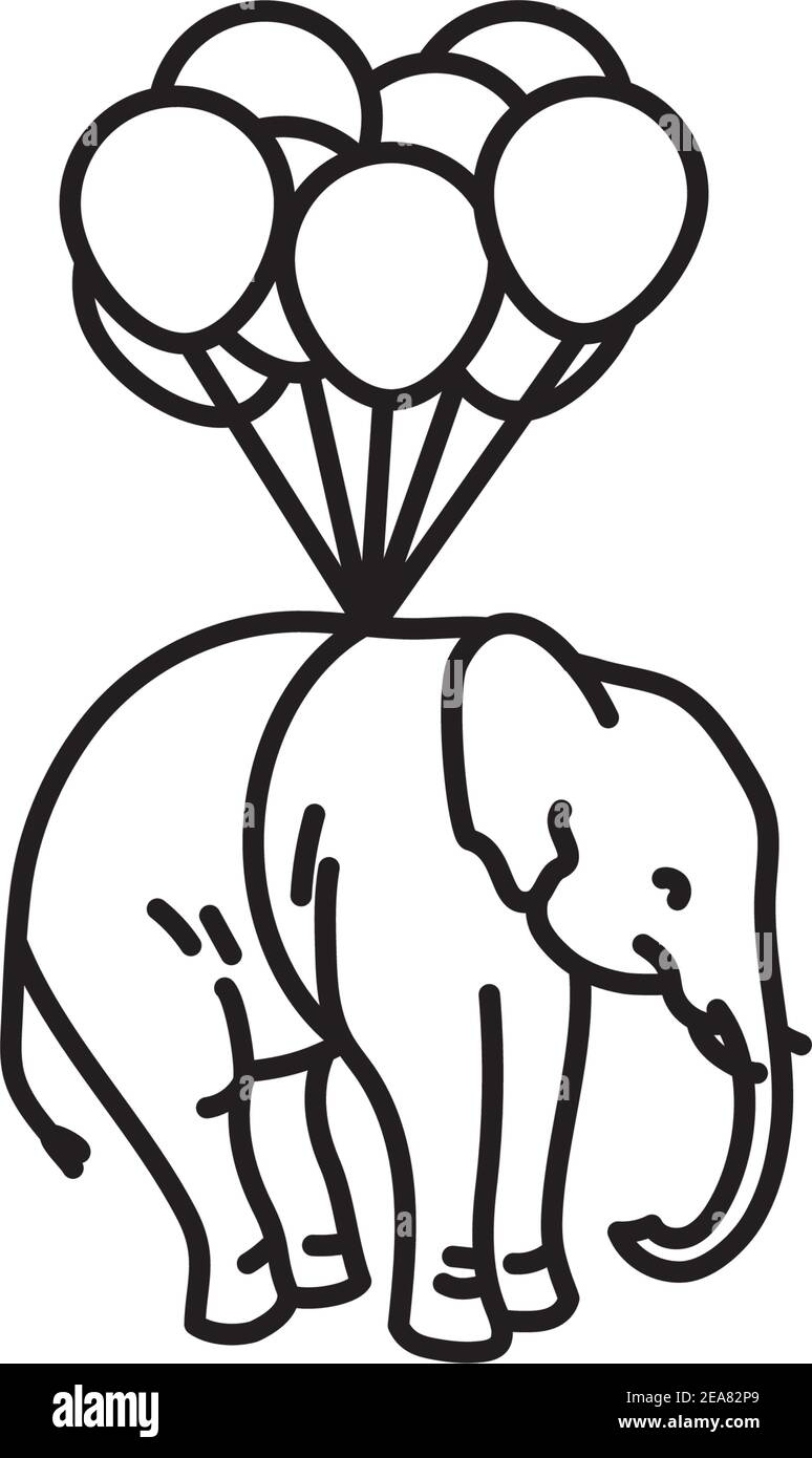 Elefante appeso ai palloncini nell'icona della linea vettoriale di volo Illustrazione Vettoriale