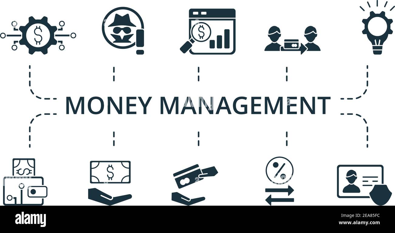 Insieme di icone Money Management. La collezione contiene una confezione di icone creative pixel Perfect. Insieme di elementi di gestione del denaro. Illustrazione Vettoriale