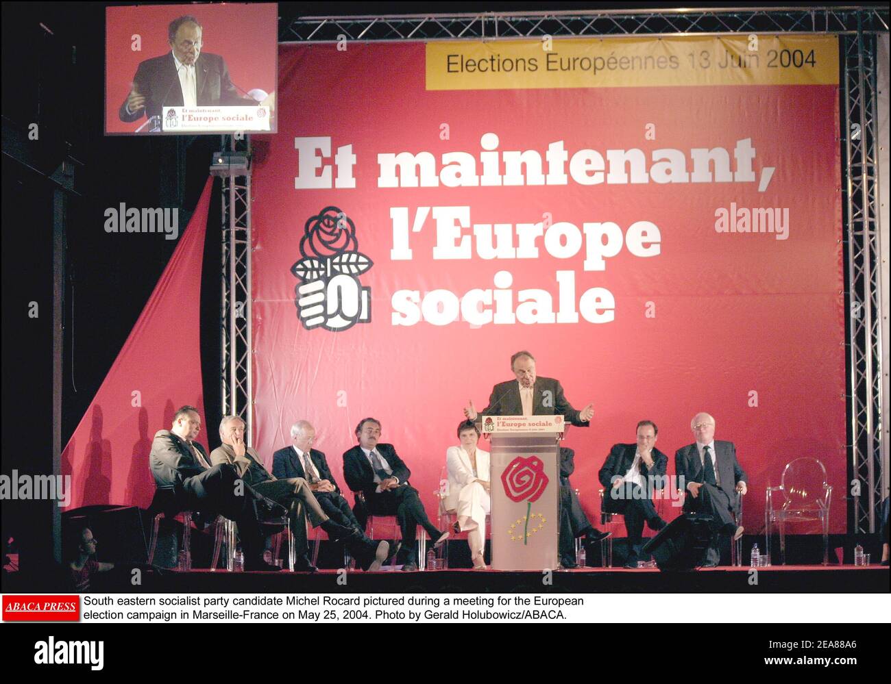 Il candidato del partito socialista sudorientale Michel Rocard ha ritratto durante un incontro per la campagna elettorale europea a Marsiglia-Francia il 25 maggio 2004. Foto di Gerald Holubowicz/ABACA. Foto Stock