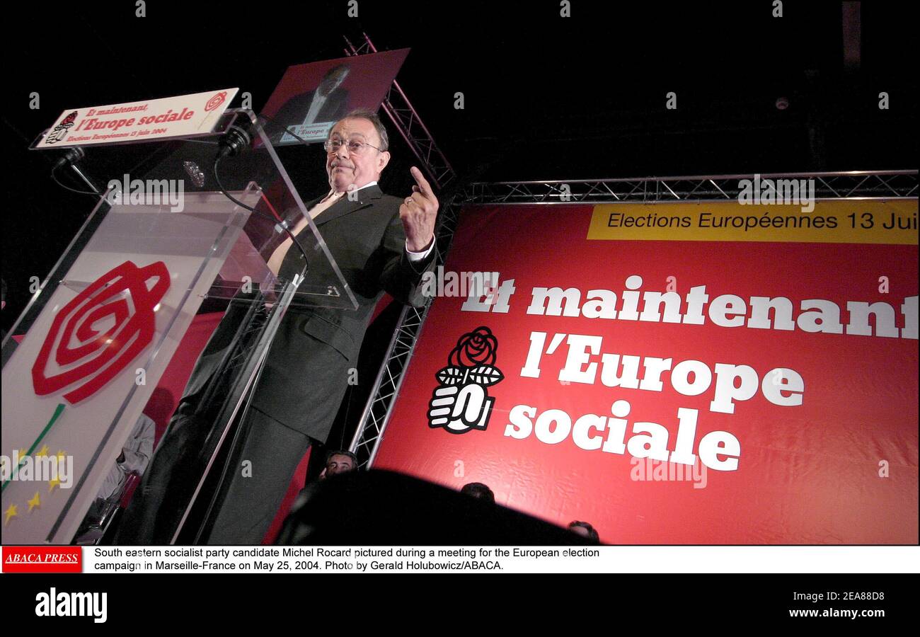 Il candidato del partito socialista sudorientale Michel Rocard ha ritratto durante un incontro per la campagna elettorale europea a Marsiglia-Francia il 25 maggio 2004. Foto di Gerald Holubowicz/ABACA. Foto Stock