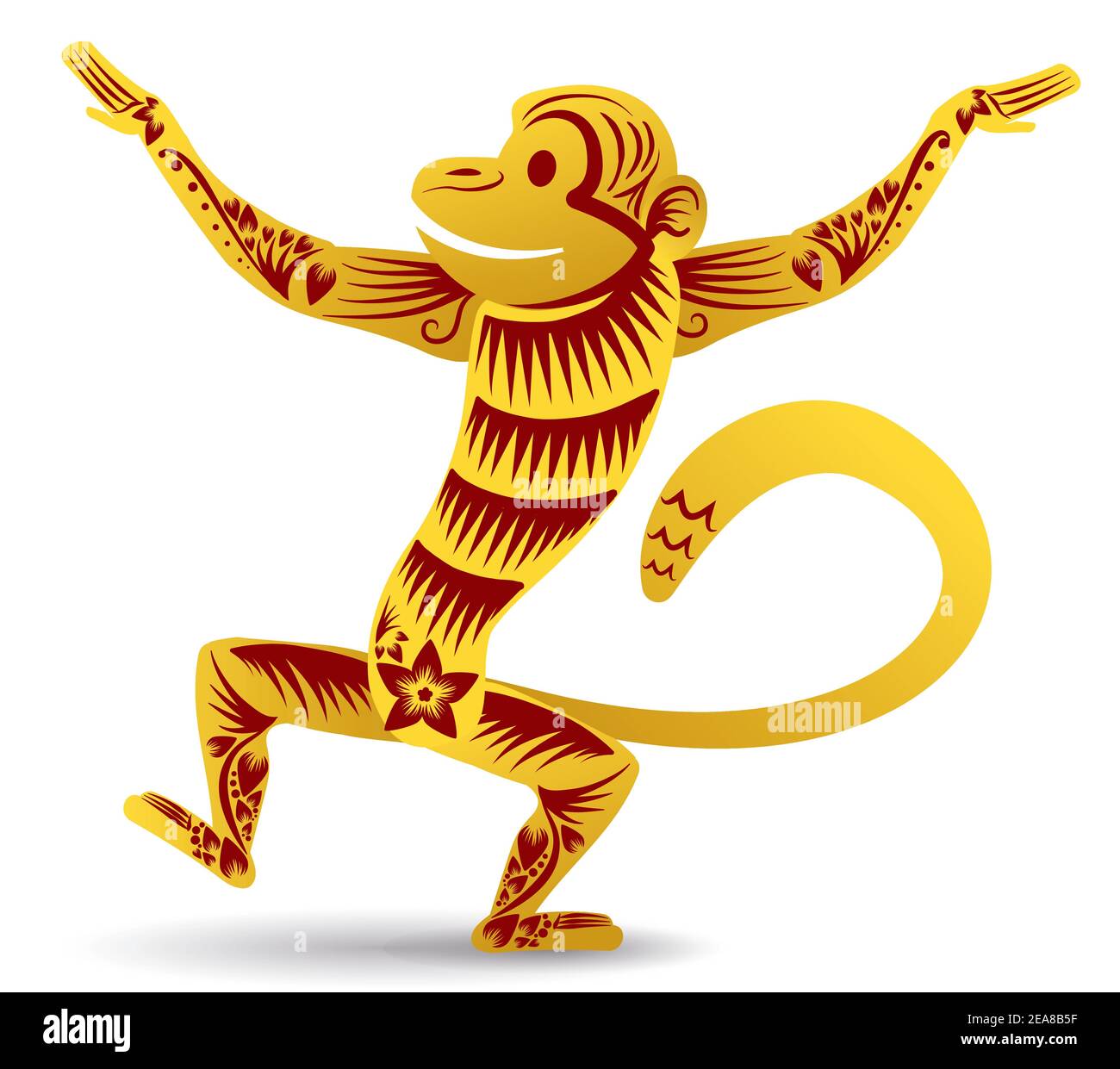 Scimmia dorata isolata a braccia aperte in stile cinese, che rappresenta questo animale zodiaco nella cultura orientale. Illustrazione Vettoriale