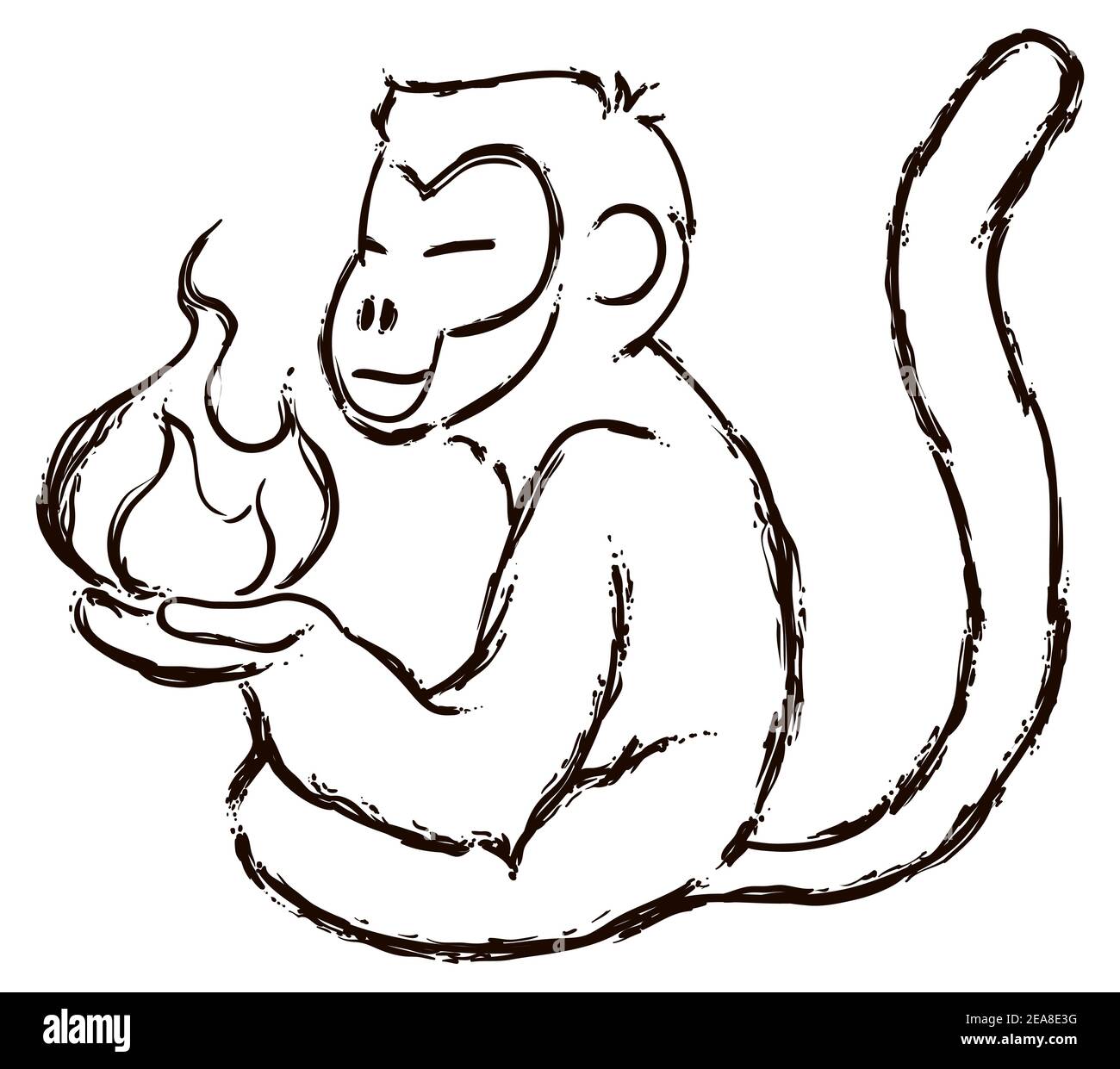 Monkey design in stile spazzhstroke che tiene l'elemento fuoco, secondo Zodiac cinese. Illustrazione Vettoriale