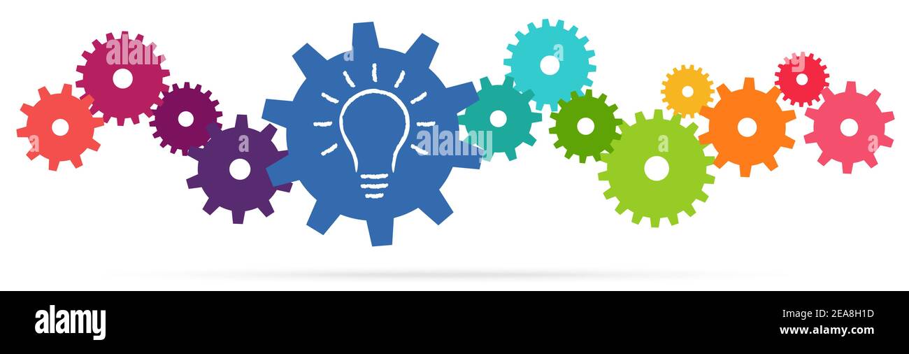 illustrazione vettoriale eps di ingranaggi colorati che simboleggiano la cooperazione o il lavoro di squadra elabora con una lampadina incandescente per un'idea di soluzione ottimale Illustrazione Vettoriale