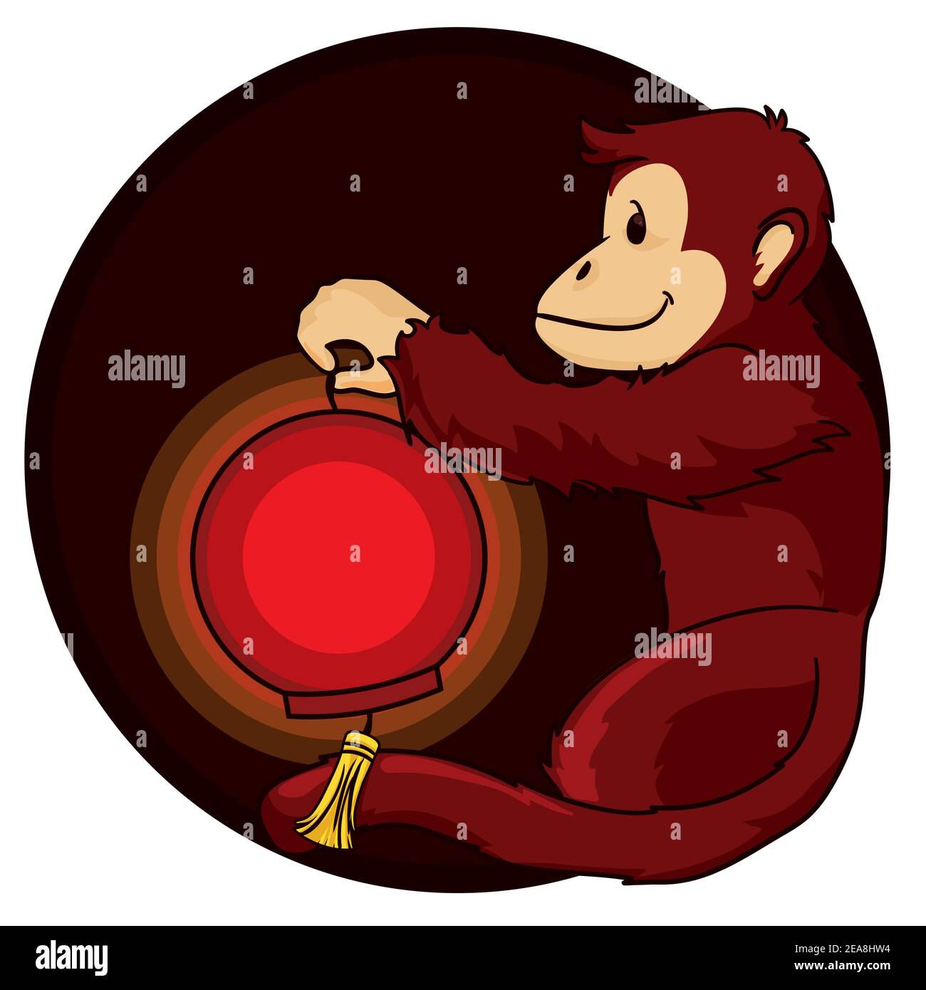 Simpatica scimmia furry che tiene una lanterna di carta arrotondata con frange, all'interno di un bottone rotondo, in attesa di Capodanno cinese e Lanterna Festival. Illustrazione Vettoriale
