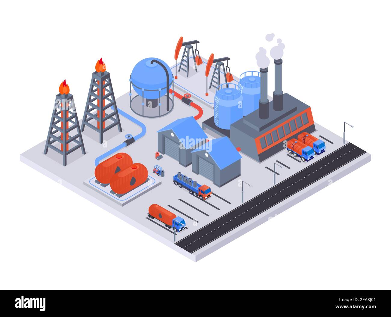 Industria petrolifera - moderno vettore colorato illustrazione isometrica. Immagini di edifici industriali, impianti, tubi, serbatoi di stoccaggio carburante e pompe. Produzione di un Illustrazione Vettoriale