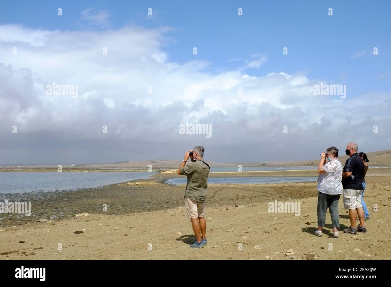 Birdwatcher che guardano i waders su Barbate Saltpans, Barbate, provincia di Cadice, Andalusia , Spagna Foto Stock