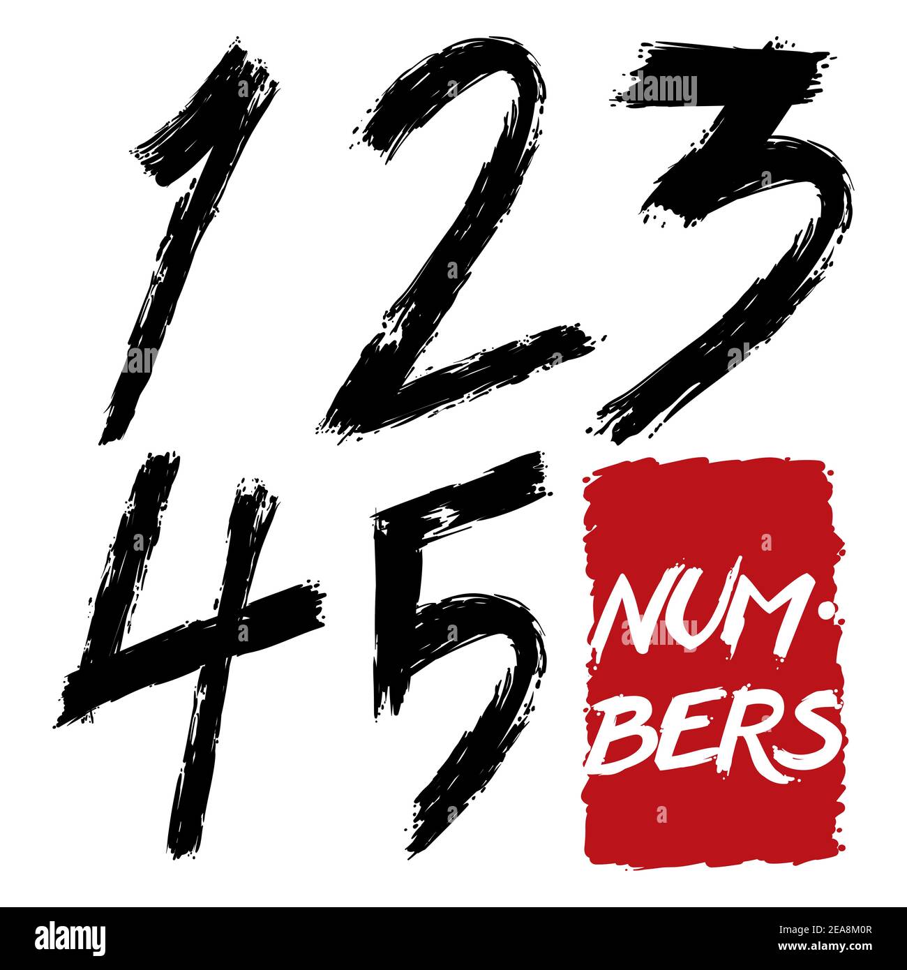 Set di numeri disegnati a mano in stile spazzhstroke in vernice nera, da 1 a 5. Isolato su sfondo bianco. Illustrazione Vettoriale