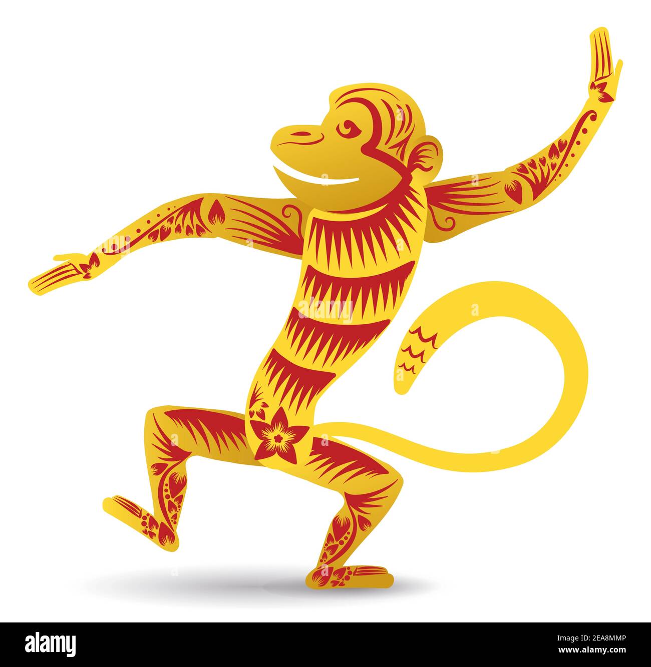 Divertente scimmia di danza cinese zodiaco e godendo il nuovo anno, decorato con linee, fiori e petali in colori dorati e rossi, isolato su whi Illustrazione Vettoriale