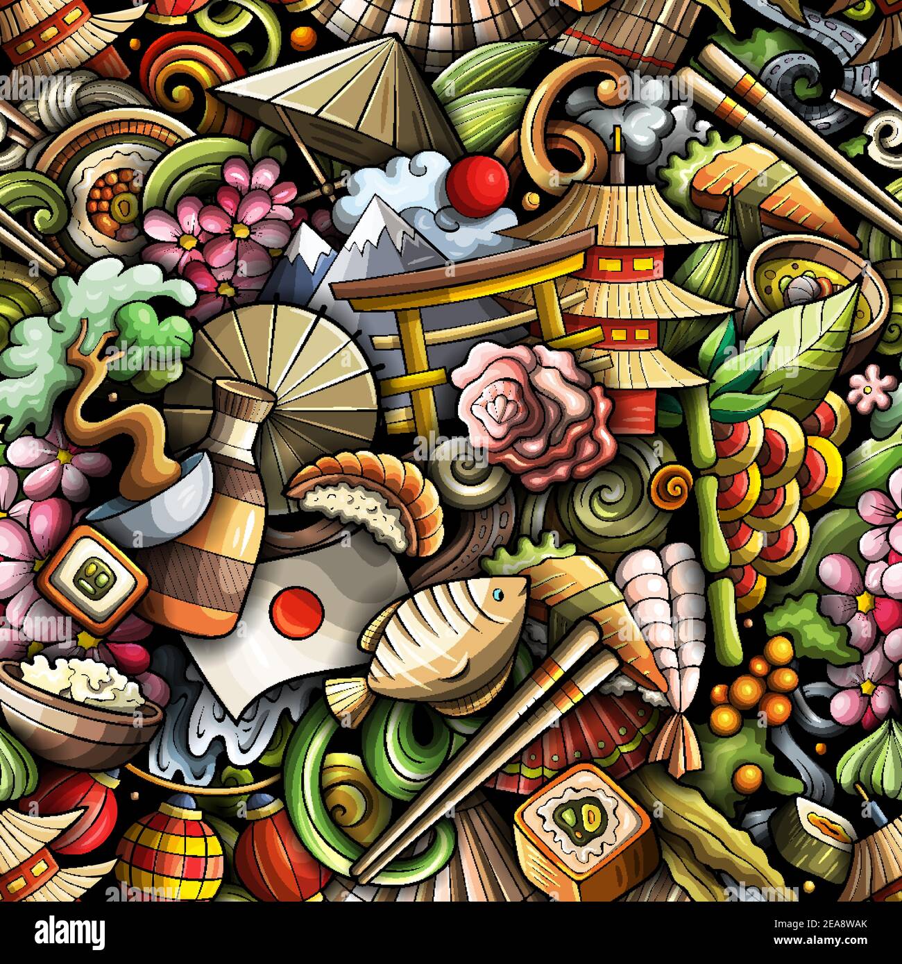 Cartoon doodles Giappone modello senza soluzione di continuità. Illustrazione Vettoriale