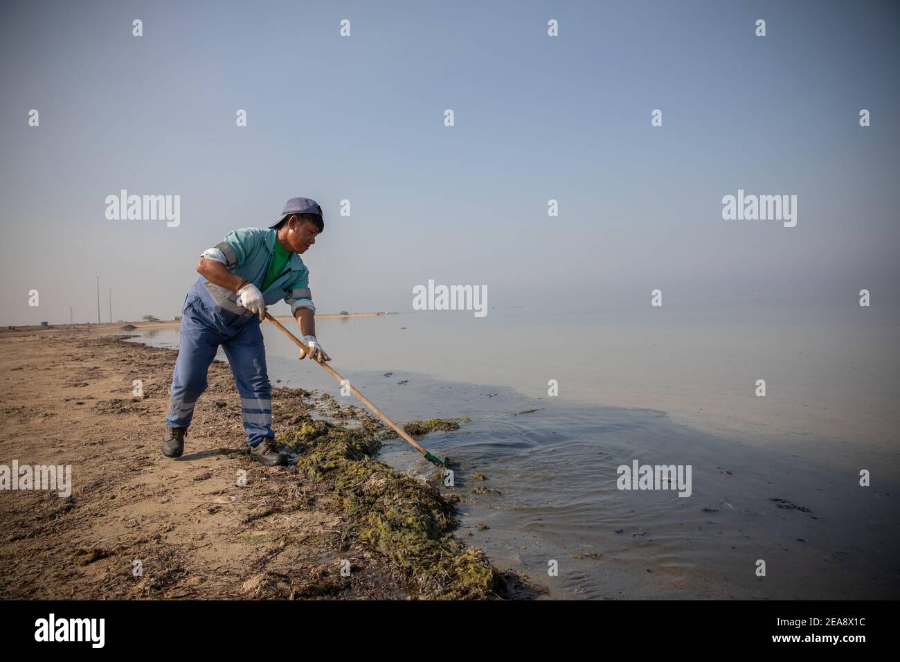 Un uomo lavora per pulire la spiaggia di contaminanti Foto Stock