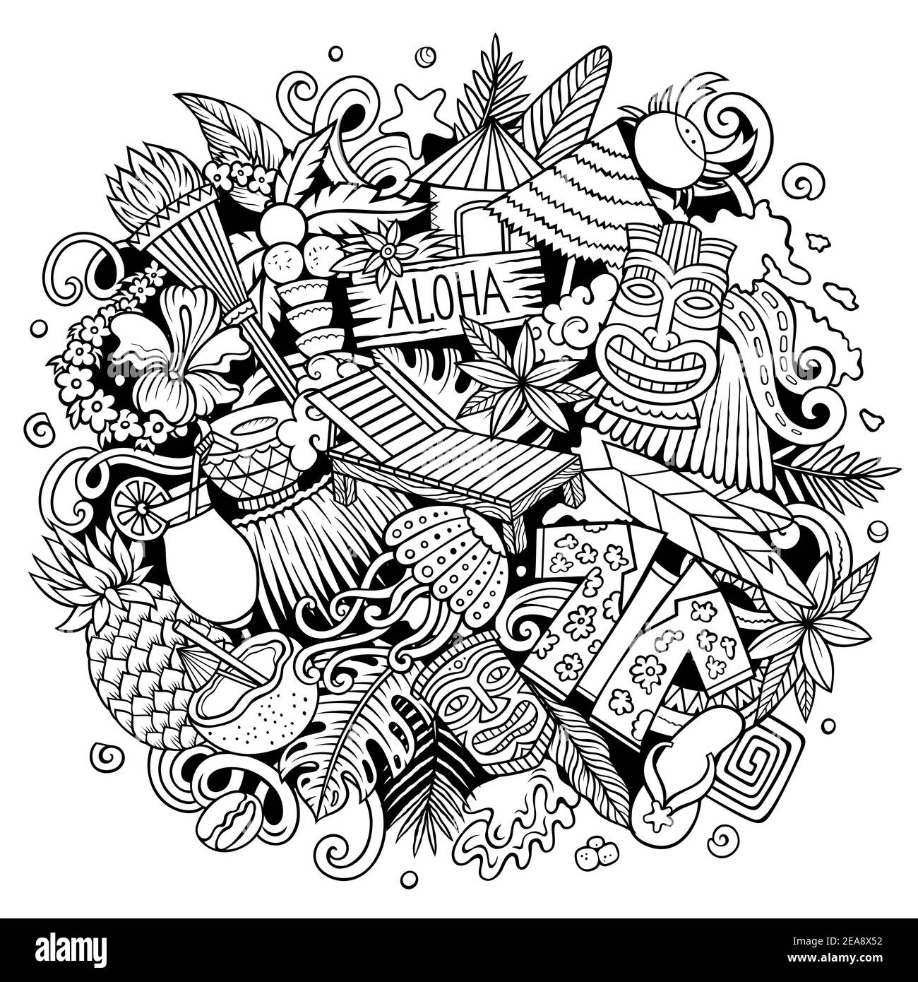 Hawaii disegnata a mano cartoni animati doodle illustrazione. Illustrazione Vettoriale