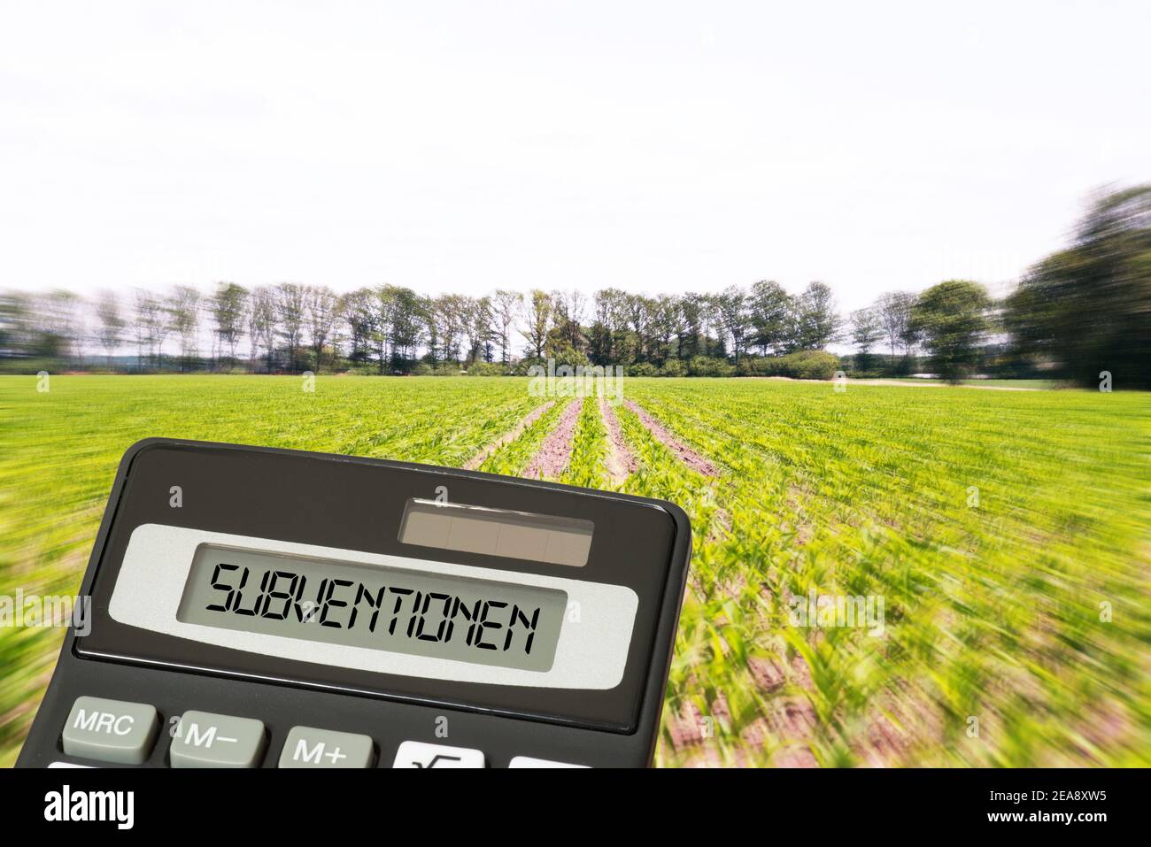 Un campo, un calcolatore e un sussidio per l'agricoltura Foto Stock
