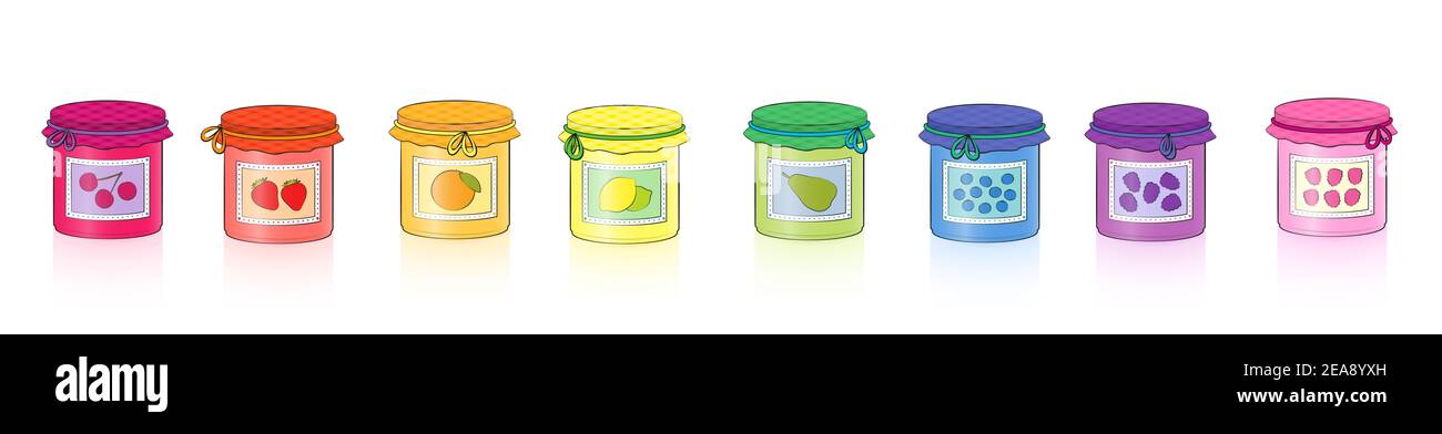 Marmellata fatta in casa in vasi. Raccolta di frutti ridotti in calici a vite di colore arcobaleno. Ciliegia, fragola, arancia, limone, pera, mirtilli, prugne. Foto Stock