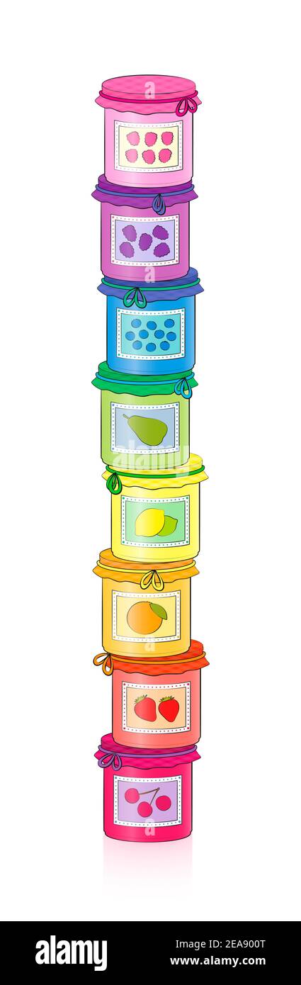 Vaso della torre di inceppamento. Set arcobaleno di gelatina di frutta dolce yummy in bicchieri a vite con coperture in tessuto scacchi e nastri. Stile comico. Foto Stock