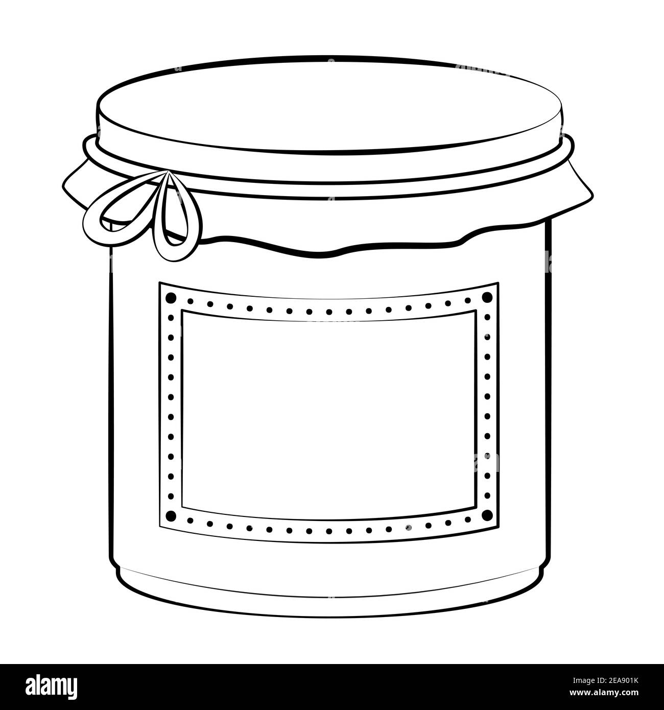 Jam Jar vite vetro con etichetta vuota, contorno fumetto illustrazione su sfondo bianco, da colorare. Foto Stock