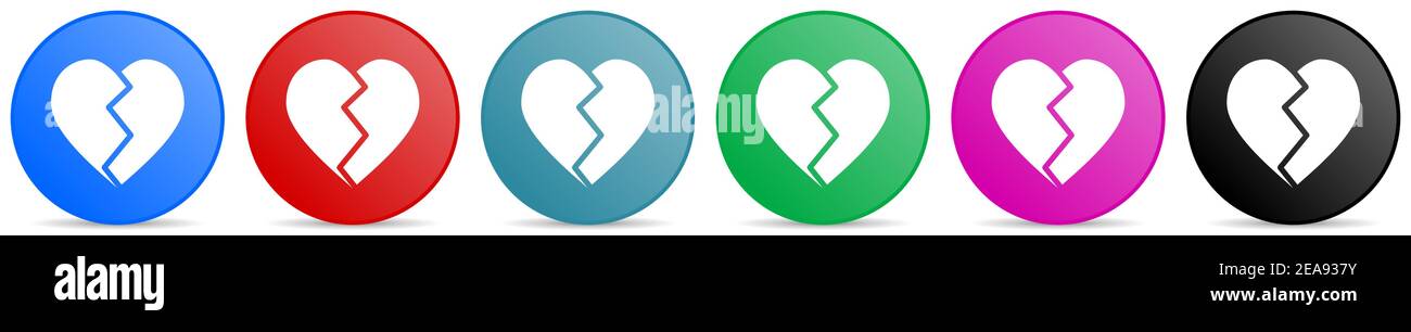 Icone vettoriali del cuore spezzate, serie di pulsanti sfumati del cerchio in 6 opzioni di colori per applicazioni di webdesign e mobili Illustrazione Vettoriale