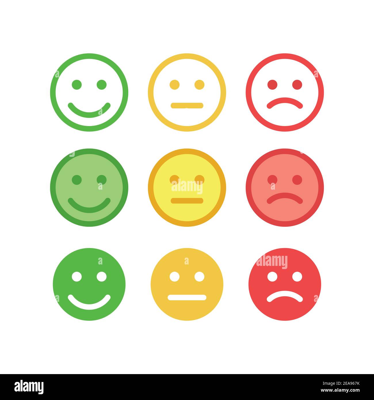 Feedback, valutazione felice, arrabbiato faccia vettore insieme. Facce positive, negative e neutre con un sorriso. Illustrazione Vettoriale