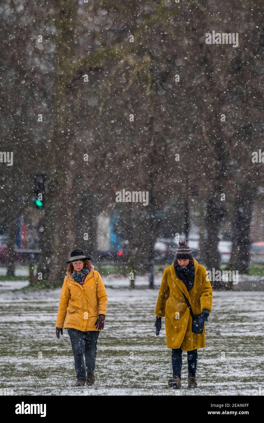 Londra, Regno Unito. 8 Feb 2021. Una fredda giornata innevata sul Clapham Common. E 'abbastanza occupato, nonostante Lockdown 3, come la gente cerca aria fresca e l'esercizio. Credit: Guy Bell/Alamy Live News Foto Stock