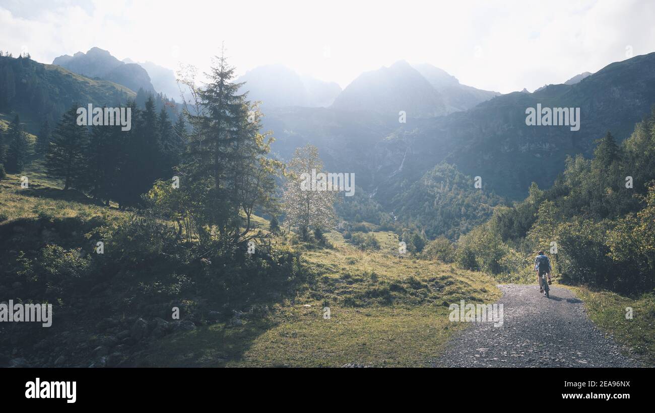 Un uomo in mountain bike viaggia il Wildental a Kleinwalsertal, Austria. Le teste alpine delle pecore appaiono sullo sfondo Foto Stock