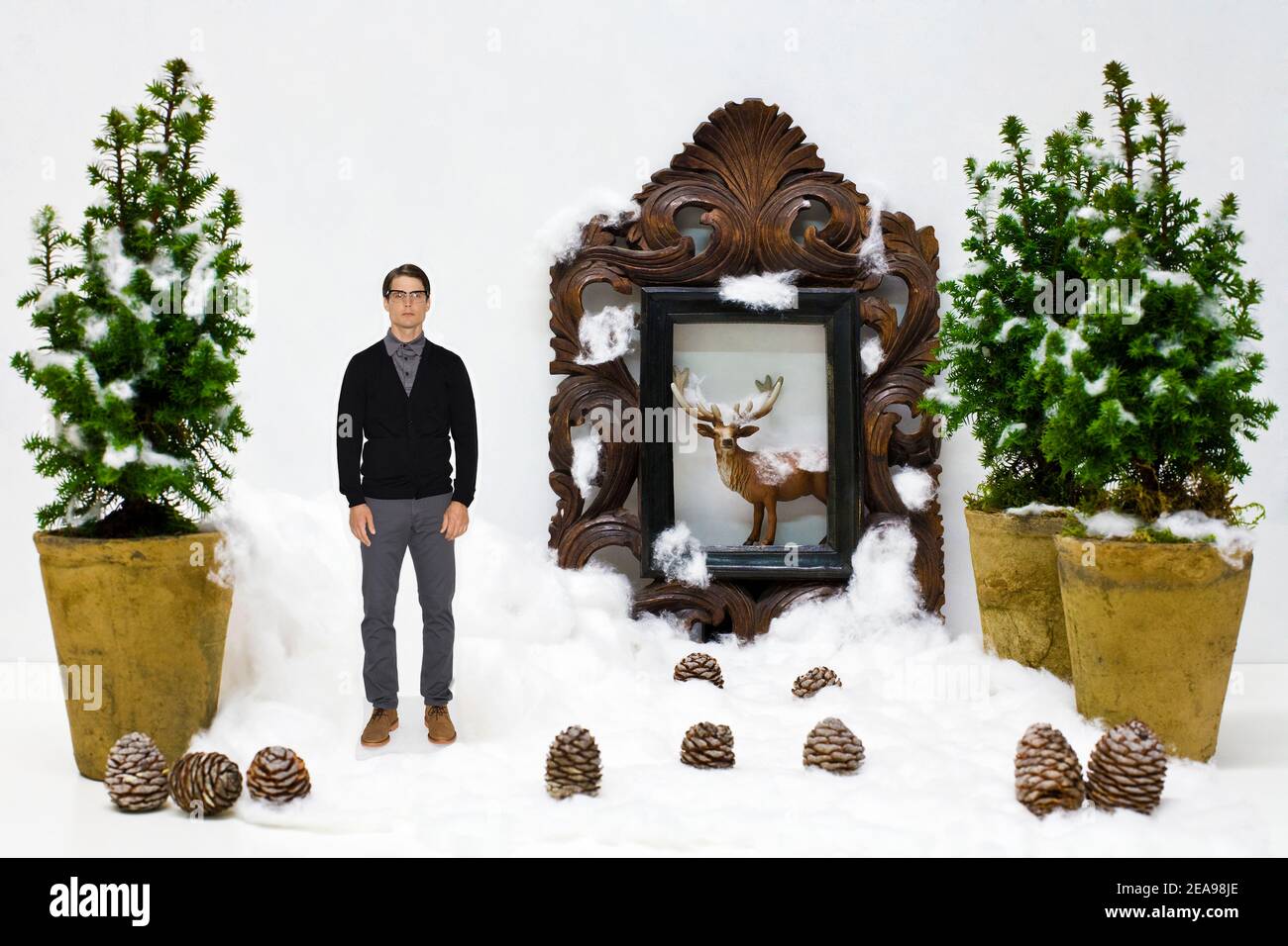 Uomo, personaggio giocattolo, cervo, cornice, coni di pino, lana di cotone, neve, vasi di fiori, Natale, albero, bianco, in piedi, figura tagliata Foto Stock
