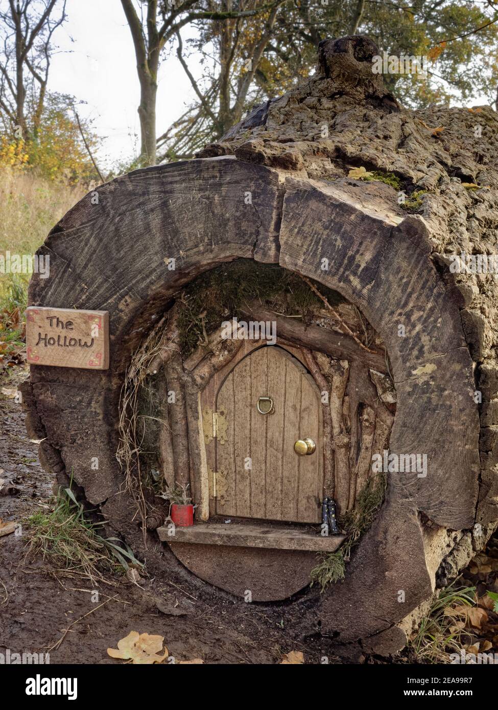 Fata casa 'The Hollow' costruita all'interno di un ceppo cavo, con una porta apribile, stivali in miniatura e un libro per i visitatori all'interno, vicino a Castle Combe, Wiltshire UK Foto Stock