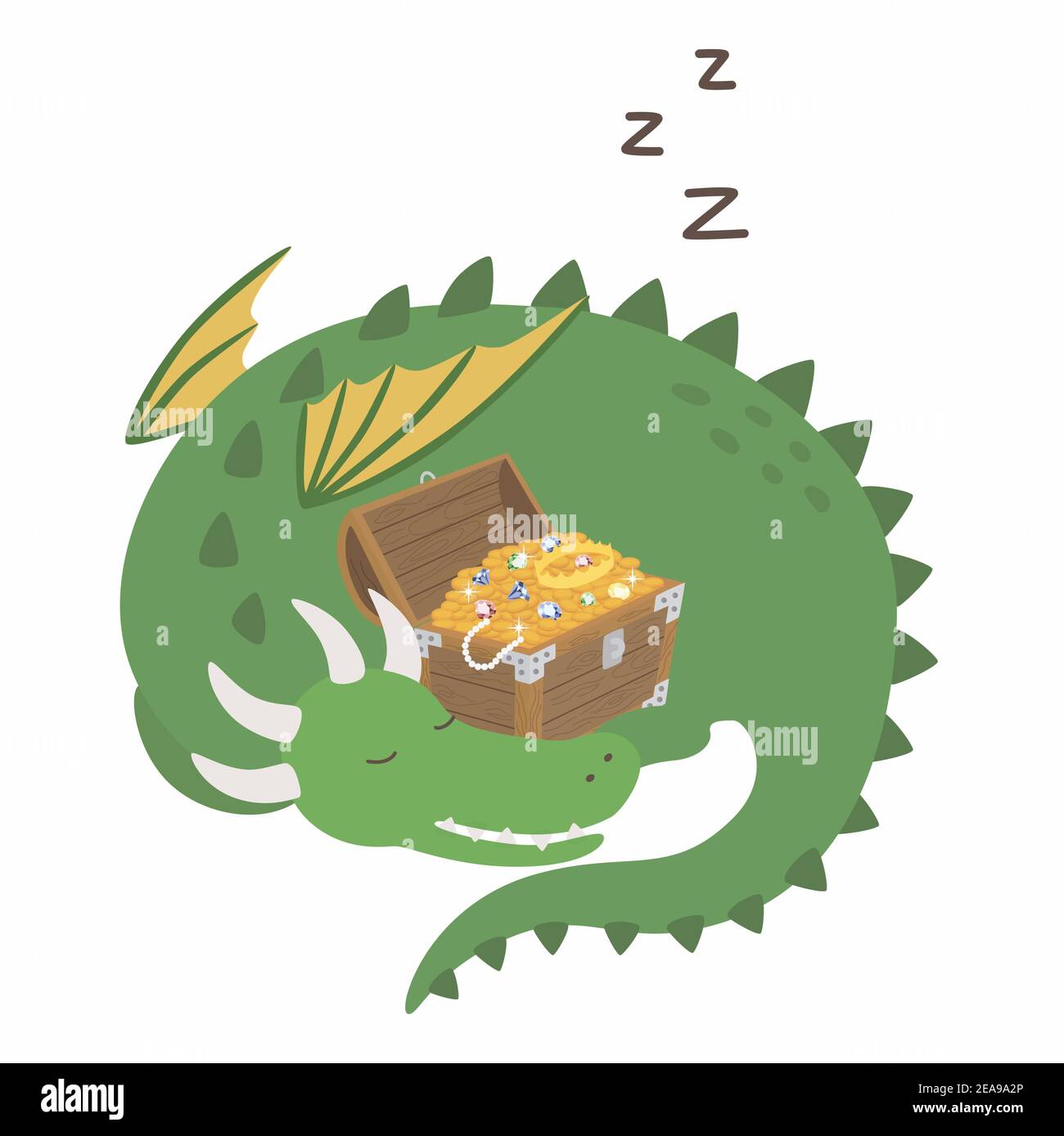 Drago addormentato. Carino drago cartoon che protegge il tesoro petto. Illustrazione vettoriale Illustrazione Vettoriale