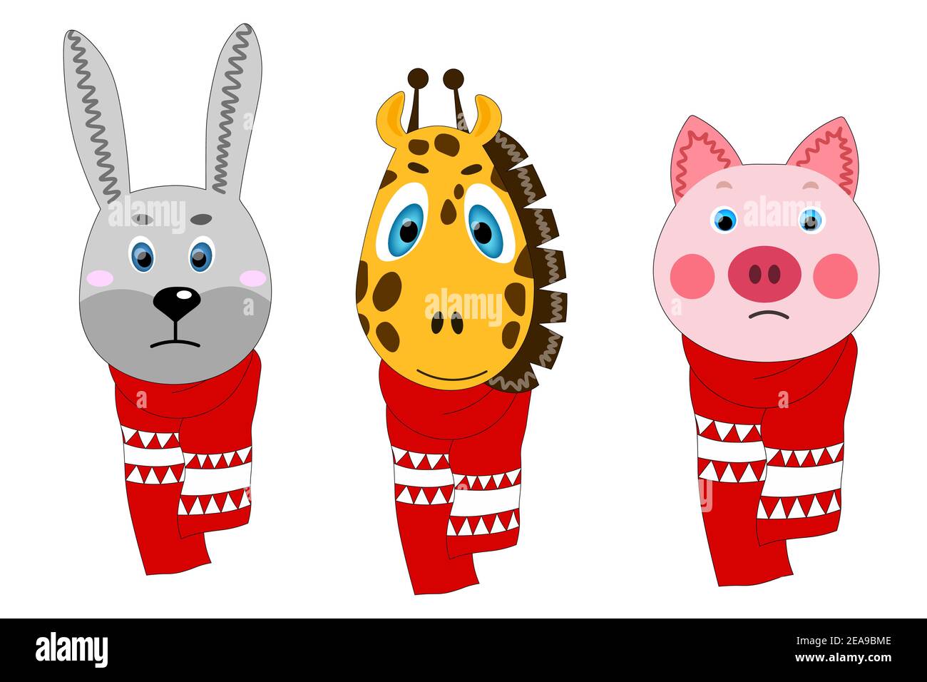 Set con il viso colorato cute animale in una sciarpa invernale. Lepre, giraffa, maiale. Oggetti isolati. Illustrazione piatta dei cartoni animati. Icona modello, adesivo. Illustrazione Vettoriale