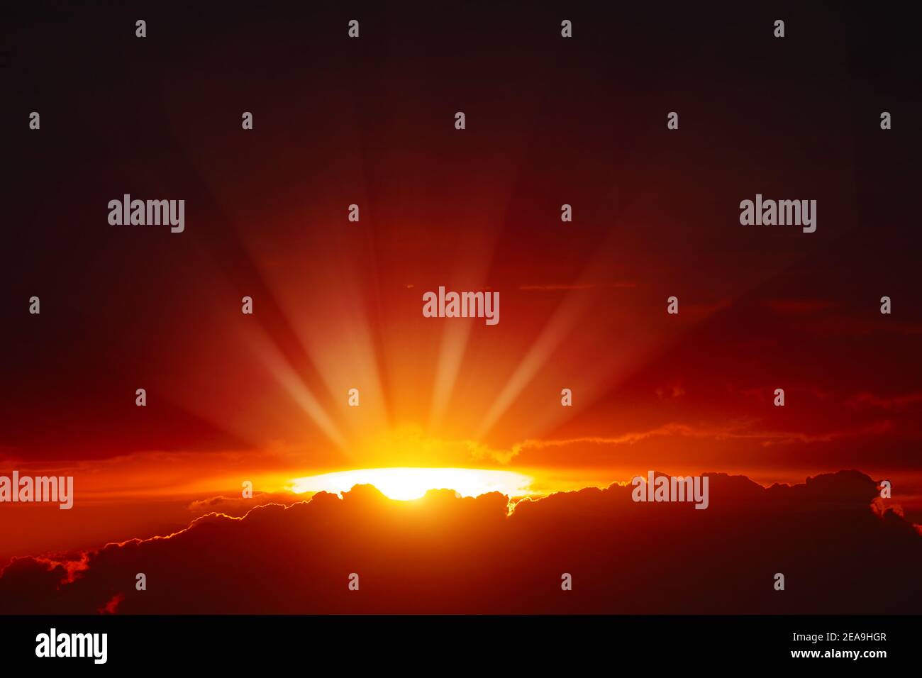 Maestoso tramonto con raggi solari luminosi su cielo scuro. Foto Stock
