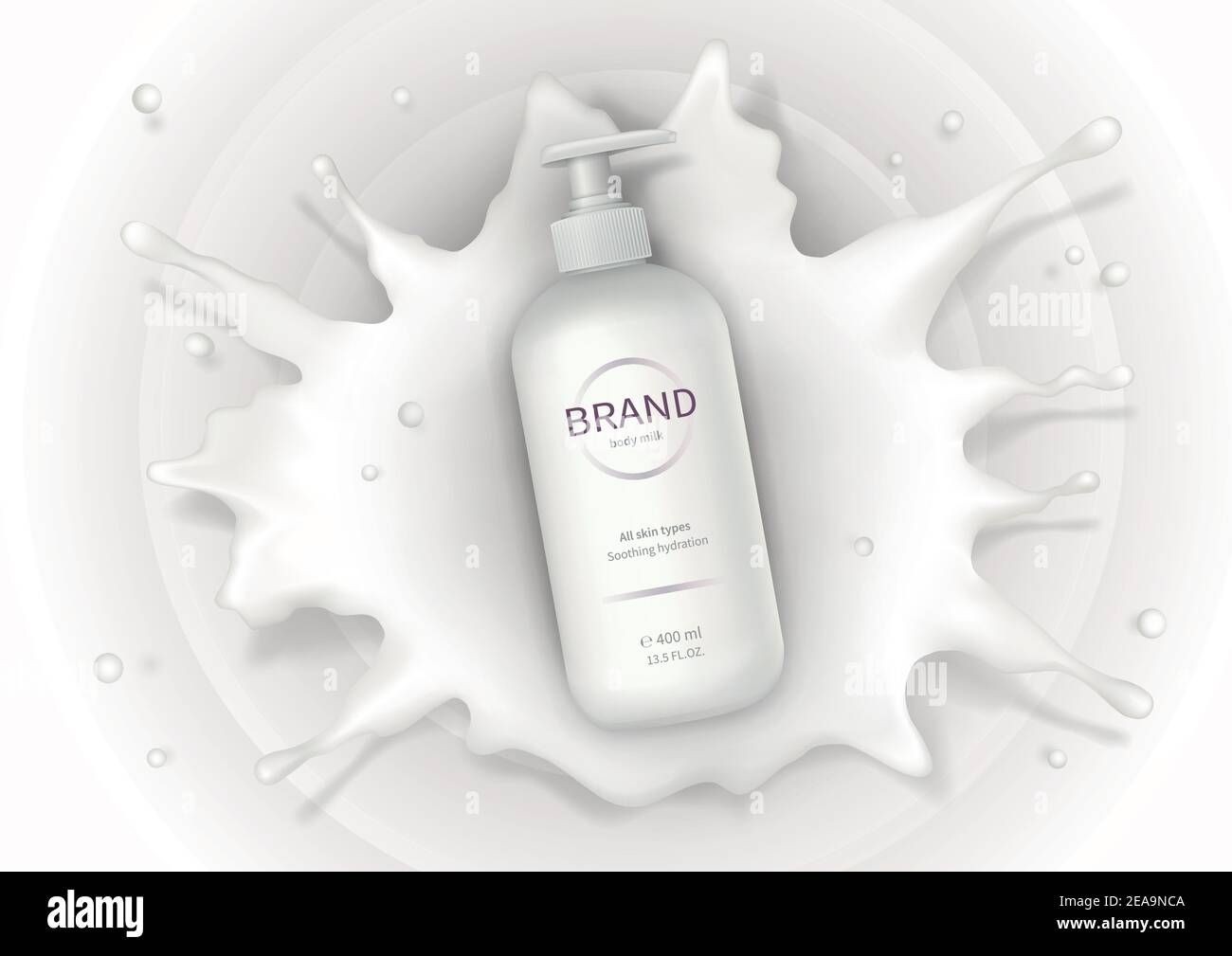 Sfondo realistico cosmetico con crema. Cosmetici per la cura della pelle, lozione per il corpo in bottiglia di plastica bianca con dispenser cadono in spruzzi di latte, corona. Banner promozionale mock-up, modello di poster pubblicitario Illustrazione Vettoriale