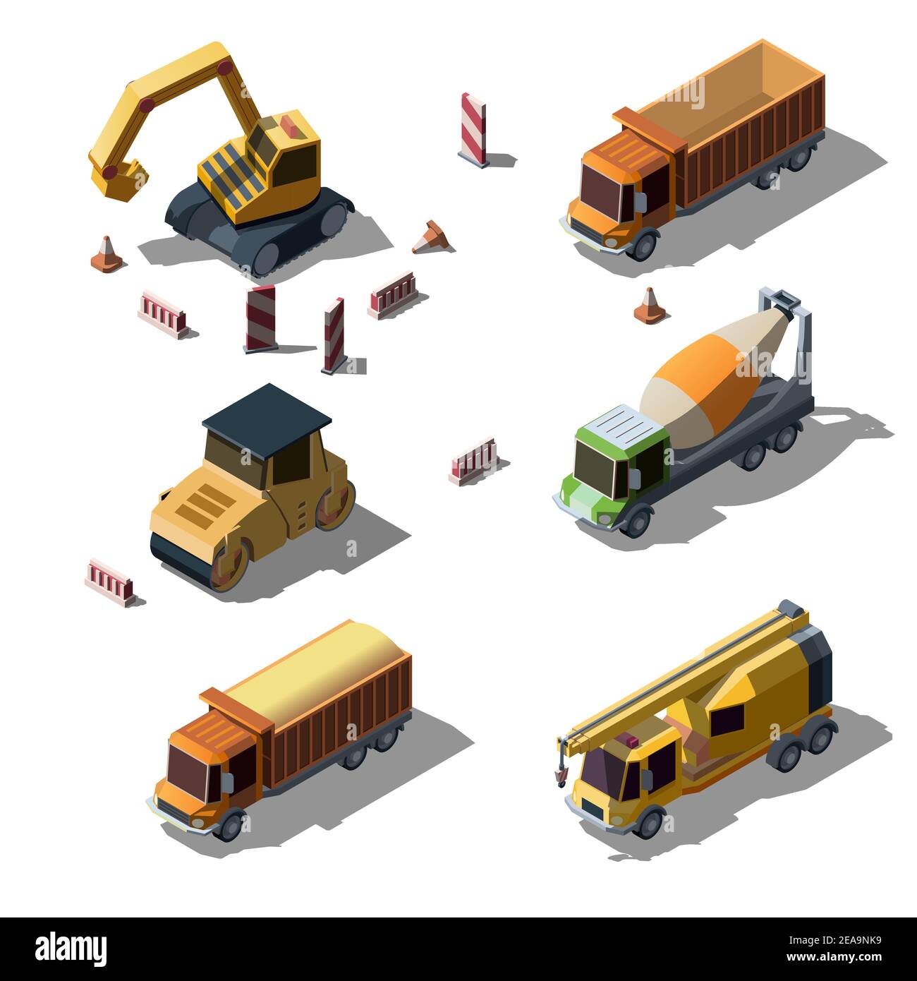 Set di attrezzature per il settore edile come rulli stradali, dumper, escavatori cingolati, asfaltatrice, gru mobile, betoniera e segnaletica stradale, cono. Macchine diverse, stile isometrico. Illustrazione Vettoriale