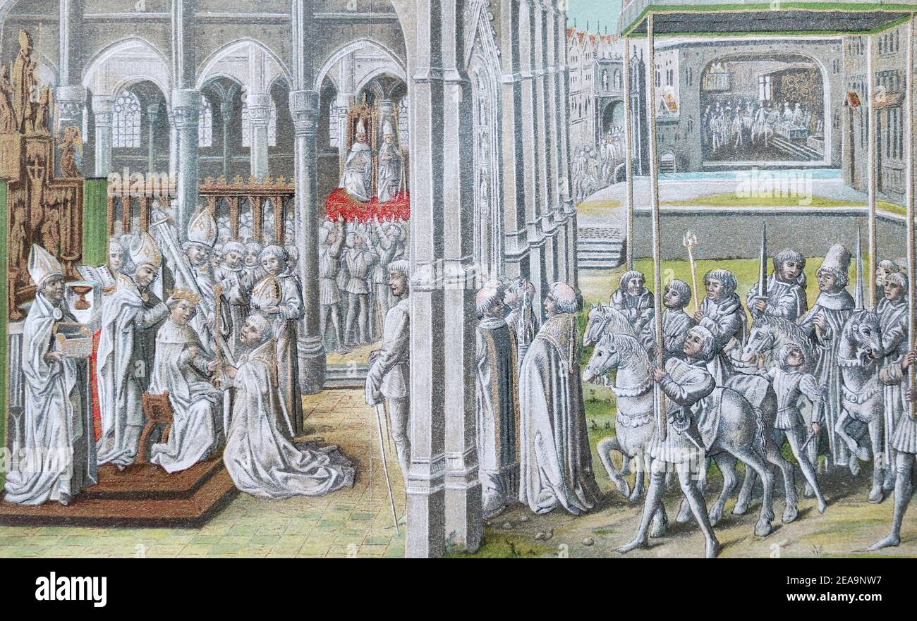 Incoronazione del re Enrico IV d'Inghilterra. Immagine dal manoscritto del 15 ° secolo. Foto Stock