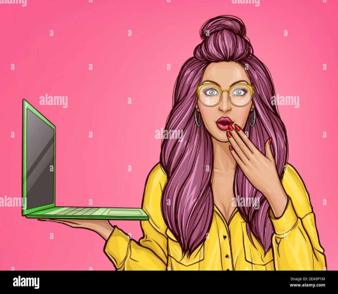 Vettore pop art illustrazione di una giovane ragazza stupita tiene un portatile aperto in mano. Eccellente poster pubblicitario con una bella donna in occhiali, a bocca aperta per la promozione di un nuovo modello di laptop. Illustrazione Vettoriale