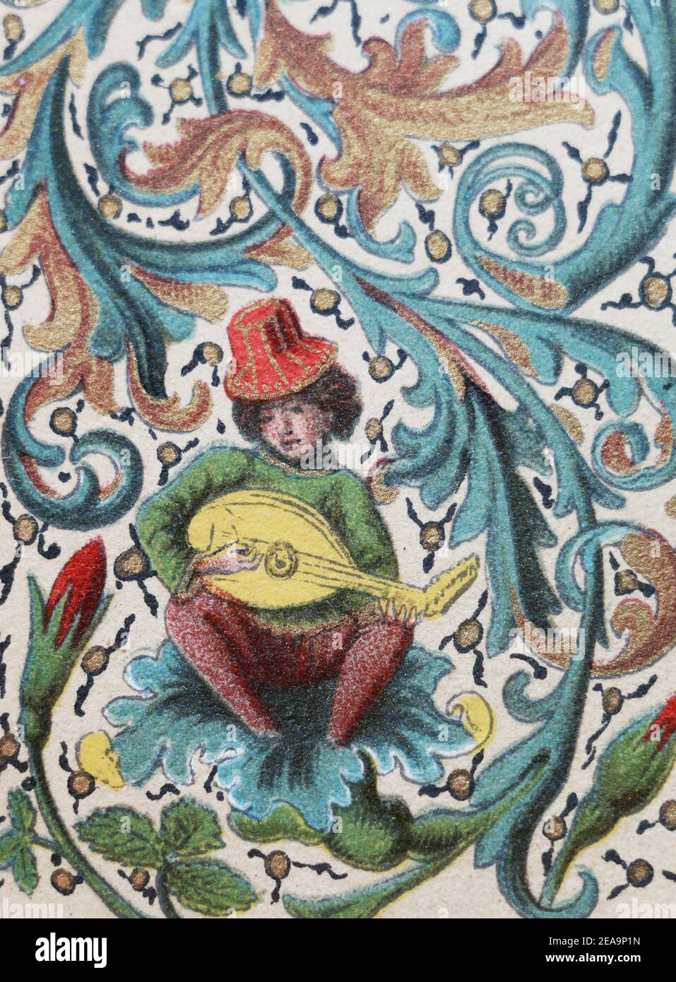 Immagine di un musicista francese medievale. Immagine dal manoscritto del 15 ° secolo. Foto Stock
