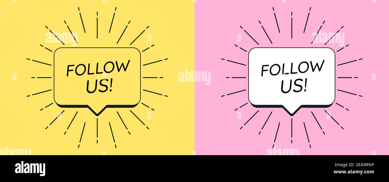 Seguici sul banner. Modello di notifica con testo Seguici all'interno della cornice della bolla e decorazione sunburst. Invito all'azione per la storia dei social media. Vettore Illustrazione Vettoriale