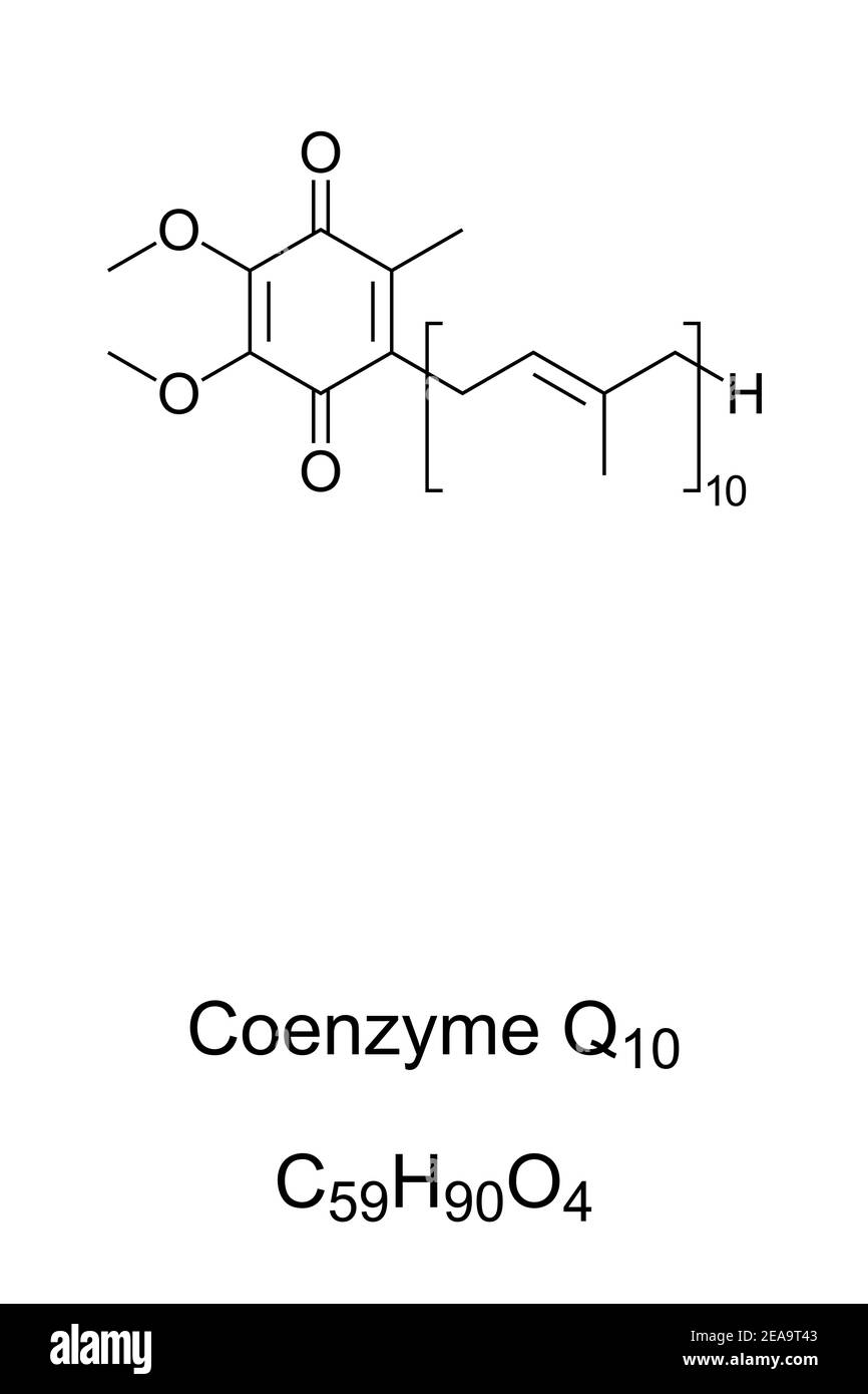 Coenzima Q10, o anche ubichinone-10, formula chimica e struttura scheletrica. Forma più comune di coenzima Q. Foto Stock