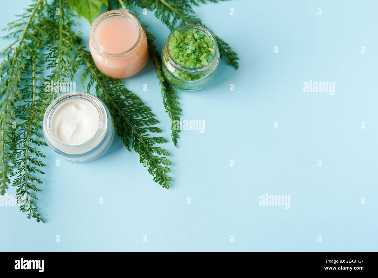 immagine di ingredienti cosmetici su sfondo blu con spazio copia. tema della pelle. prodotti naturali biologici Foto Stock