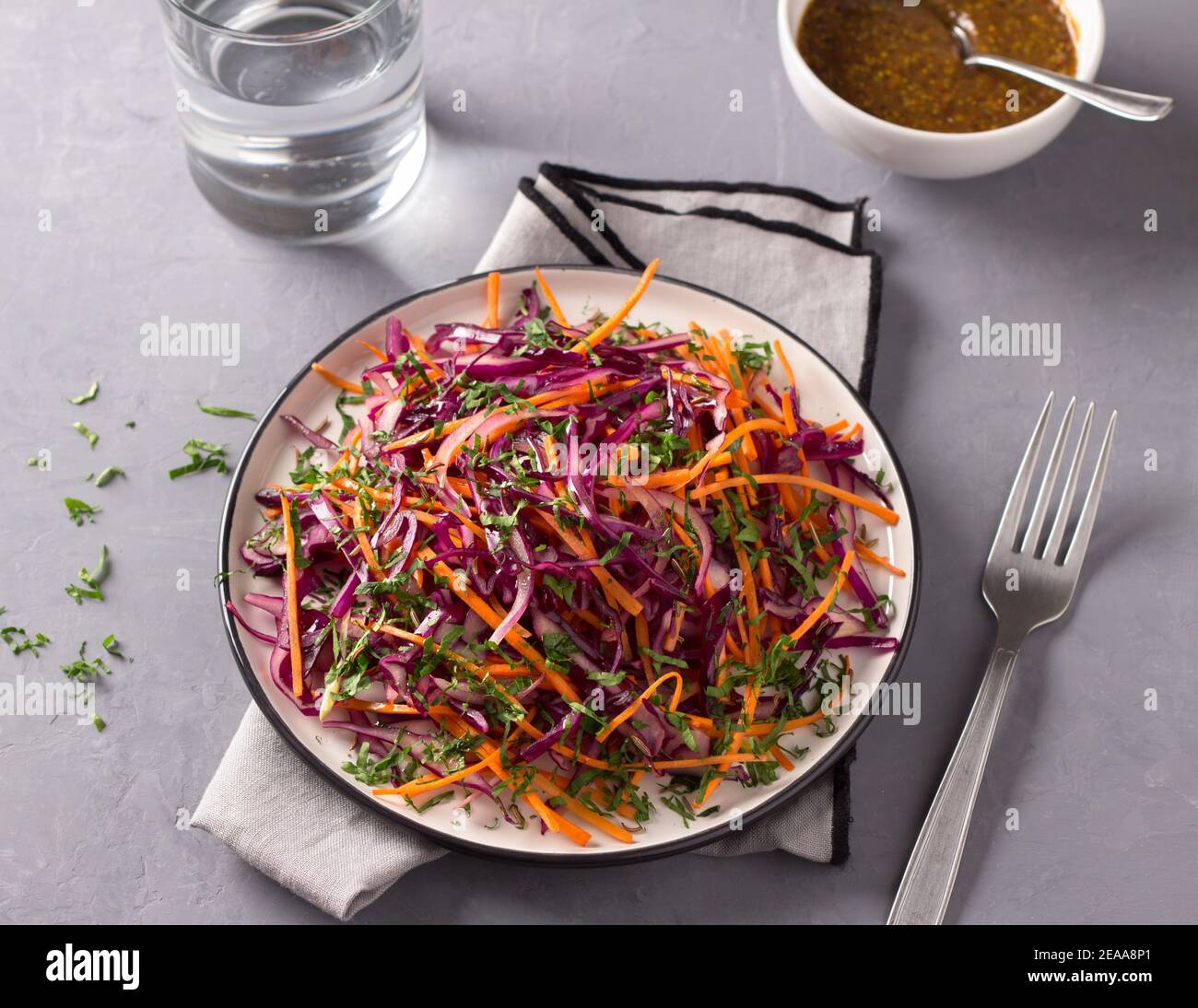 Insalata di cavolo rosso con salsa di cumino e senape su sfondo grigio, vista dall'alto, orizzontale Foto Stock