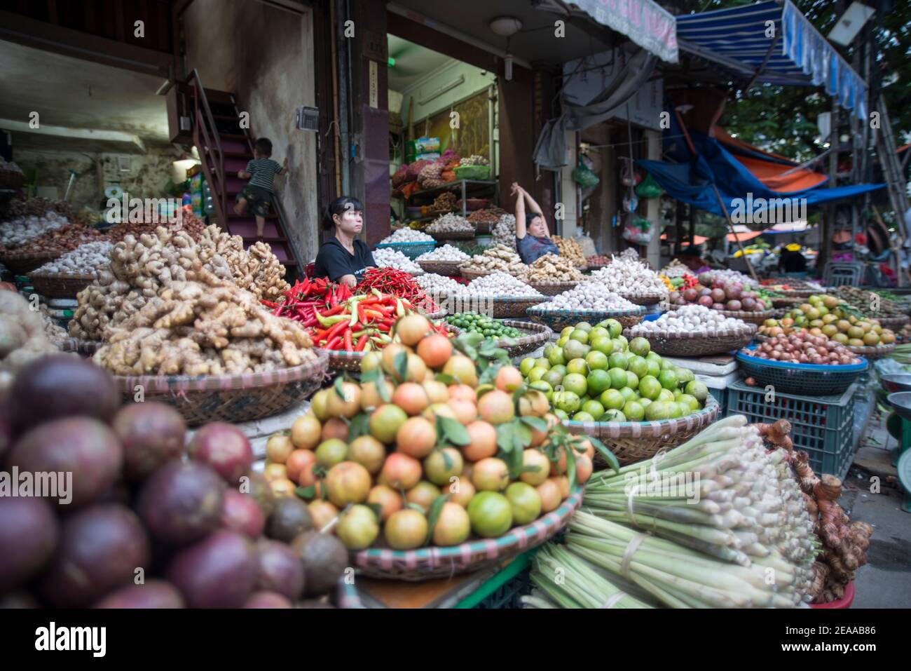 Vendita di verdure a bordo strada, bella presentazione Hanoi, Vietnam Foto Stock