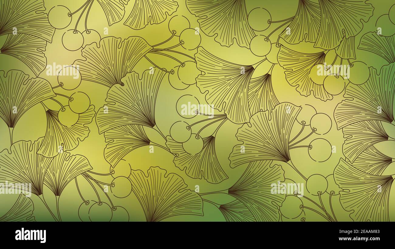 Watercolor carta da parati lineart foglie di ginko e bacche, sfondo verde sfocato Illustrazione Vettoriale