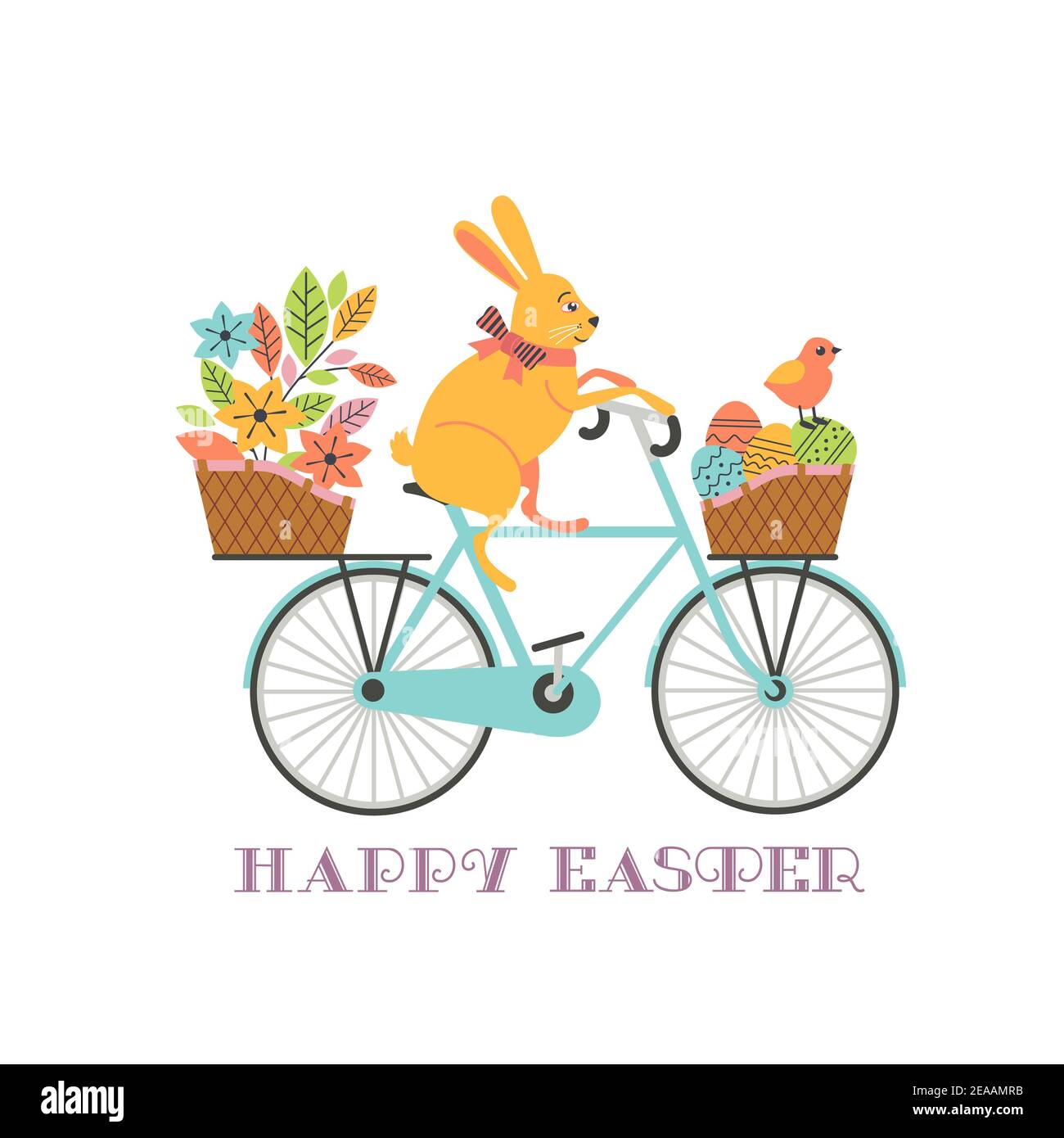 Simpatico coniglio di Pasqua in bicicletta con uova in cestino Immagine e  Vettoriale - Alamy