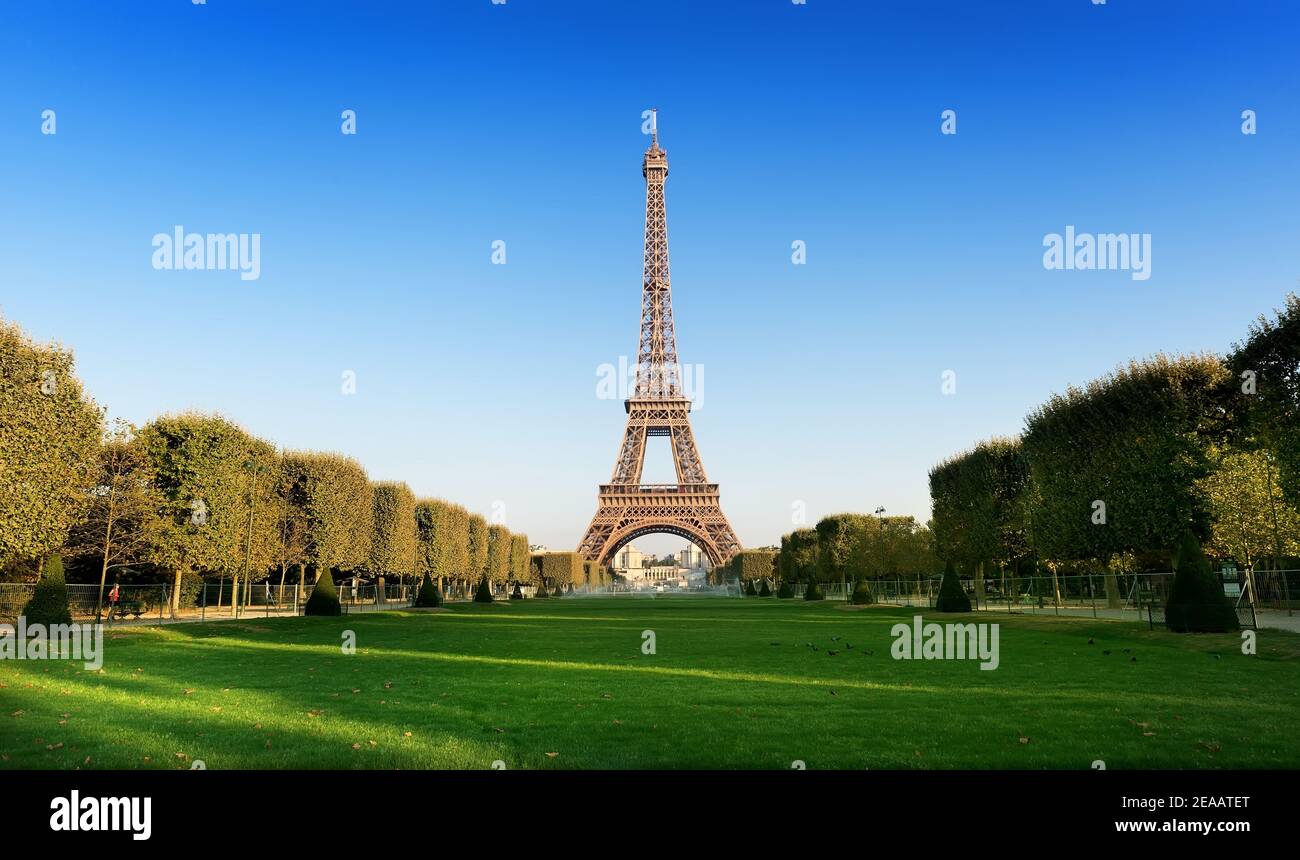 Champ de Mars con la vista sulla Torre Eiffel a Parigi, Francia Foto Stock